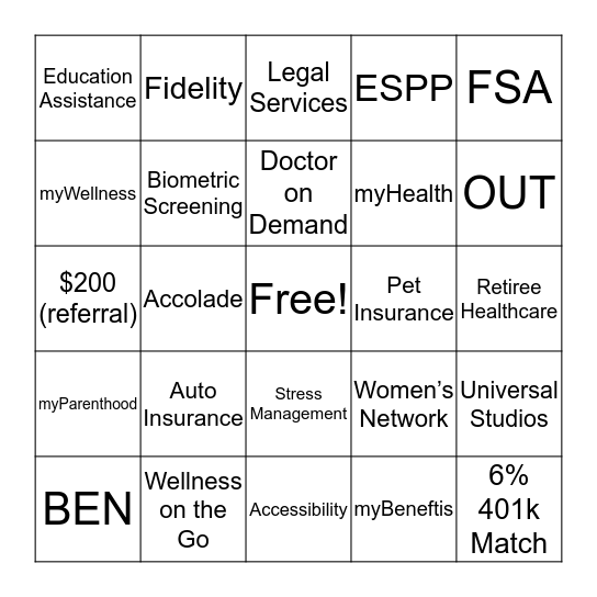 Comcast Benefit Bingo Card