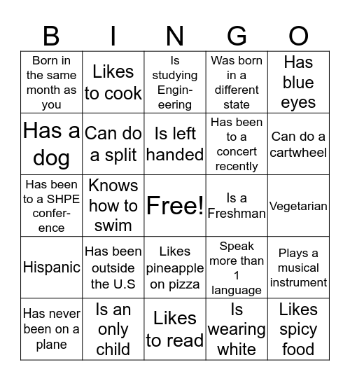 SHPE UML Bingo Card