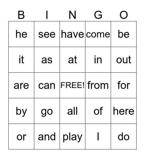 Sight Word BINGO Card