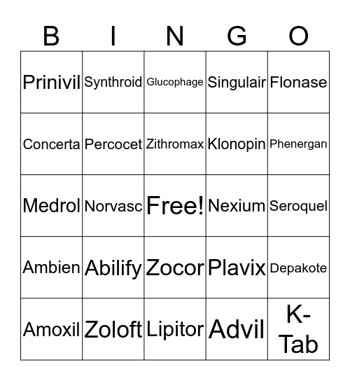 Brand & Generic Bingo Card