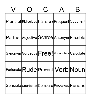 Noah's Vocal Bingo Card