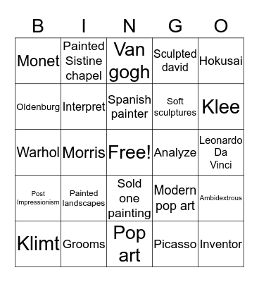 Famous artists Bingo Card