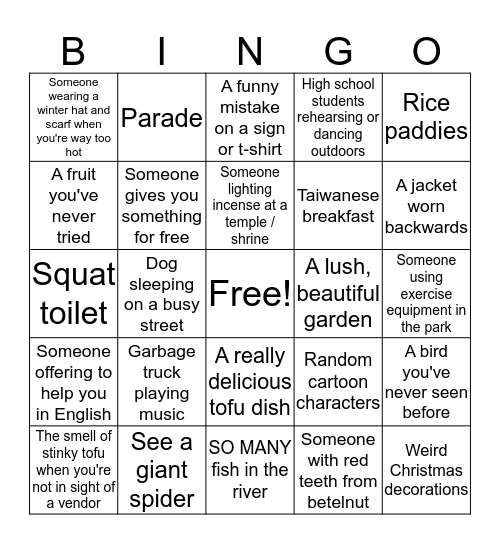 Taiwan Bingo Card