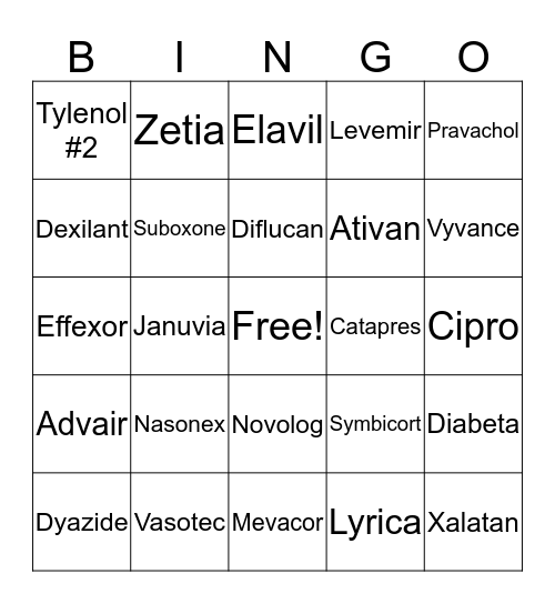 Brand & Generic Bingo Card