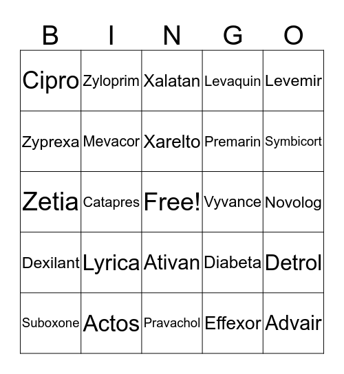 Brand & Generic Bingo Card