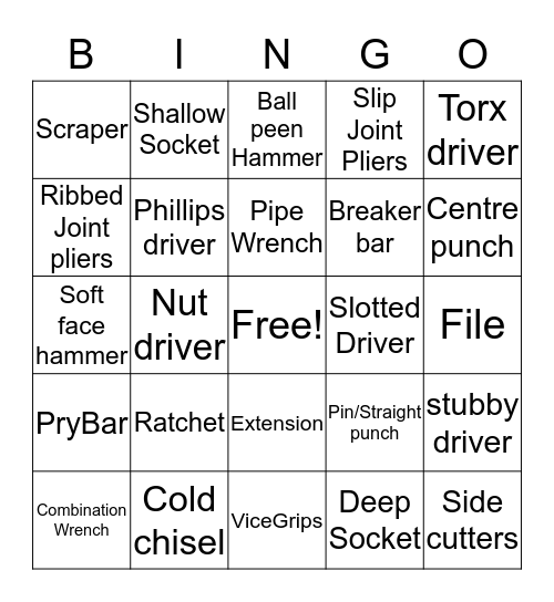 Auto Tools Bingo Card