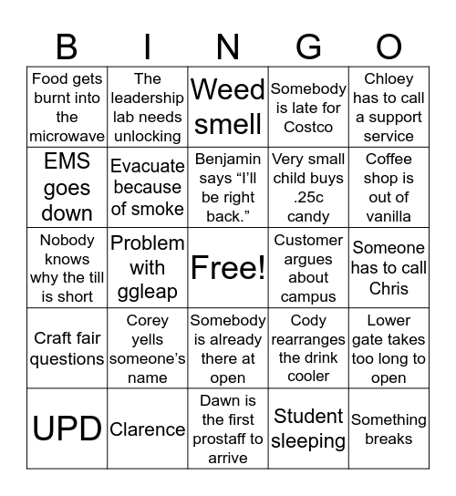 Student Union Bingo Card
