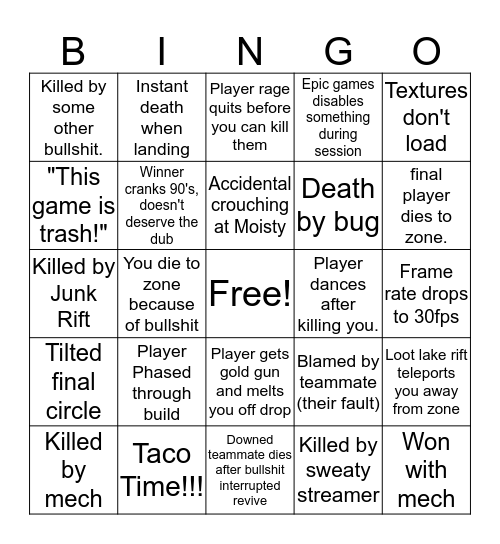 Fortnite Bingo Card