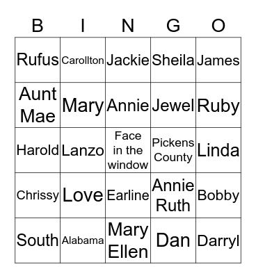 Sanders Family Bingo Card