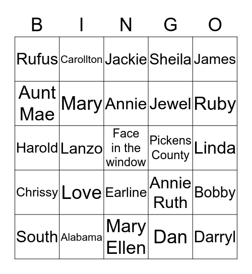 Sanders Family Bingo Card