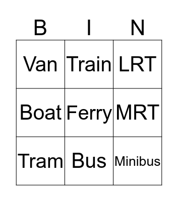 Transportation Bingo Card