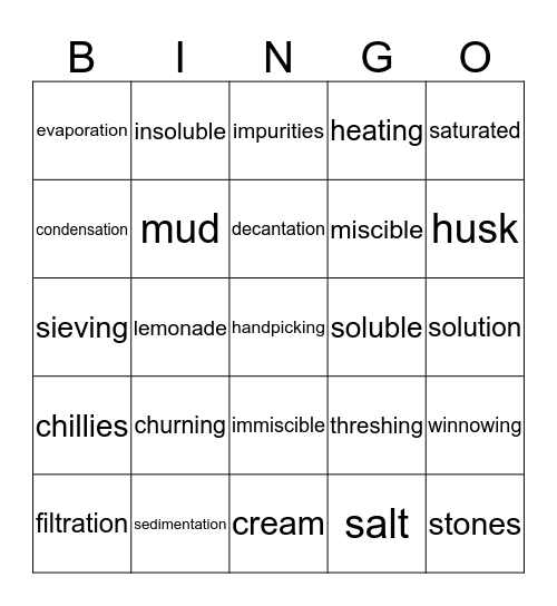 separation of substances Bingo Card