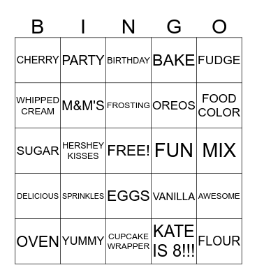 KATE'S CUPCAKE PARTY Bingo Card