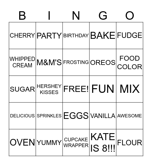 KATE'S CUPCAKE PARTY Bingo Card