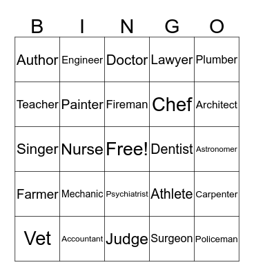 Professions Bingo Card