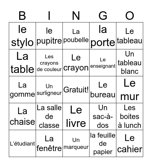 La Salle de Classe Bingo Card