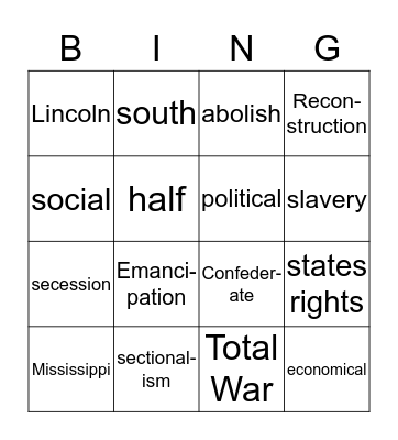 Civil War Bingo Card