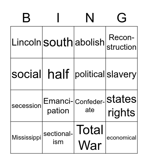 Civil War Bingo Card