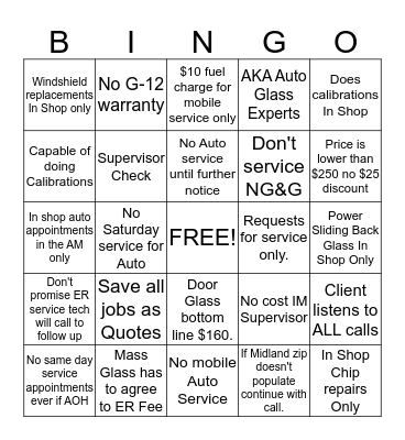 Glass Doctor TAA Bingo Card