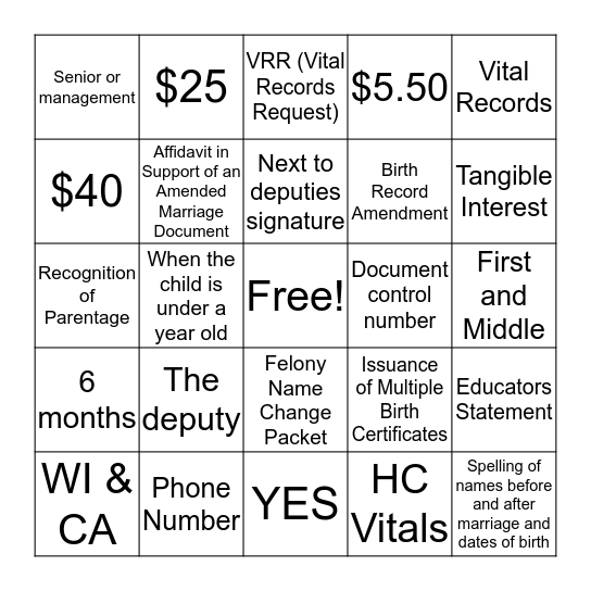 Vitals Bingo Card