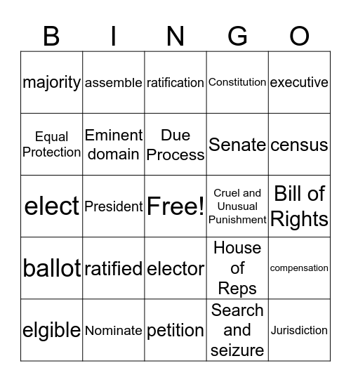 US Constitution Bingo Card
