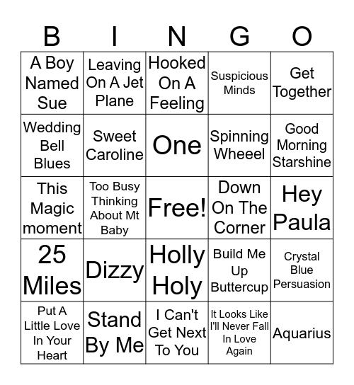 1969 Hits Bingo Card