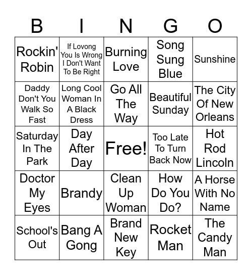 1972 Hits Bingo Card