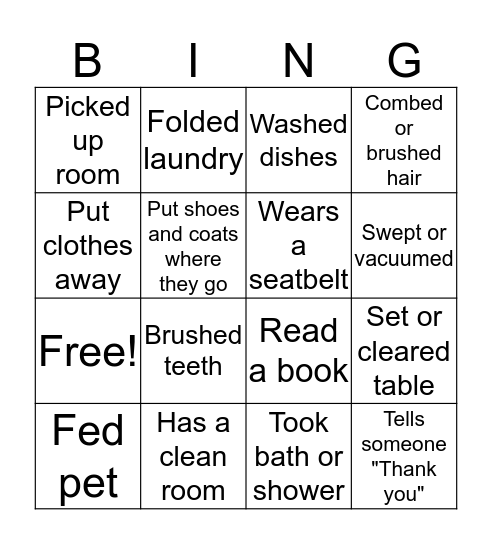 Responsiblity Bingo Card