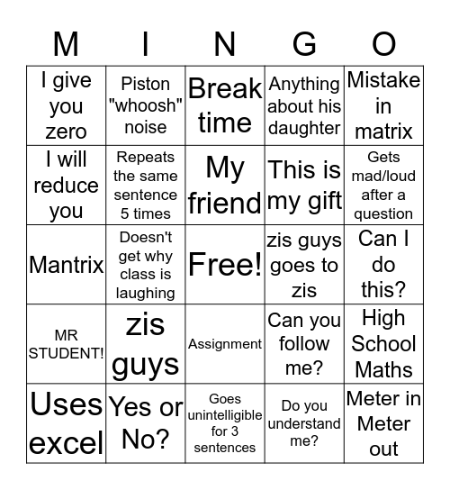 MINGO Bingo Card