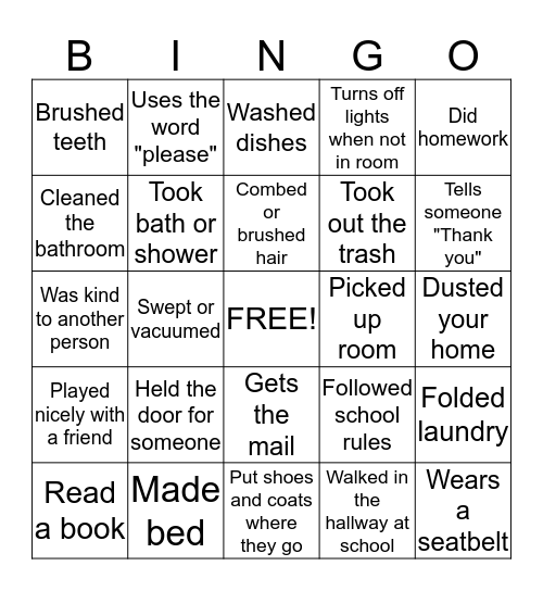 Responsiblity Bingo Card