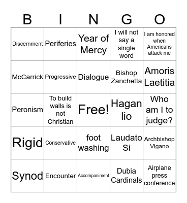 Papal Nuncio Bingo Card