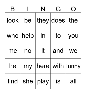 High Frequency Word Bingo Card