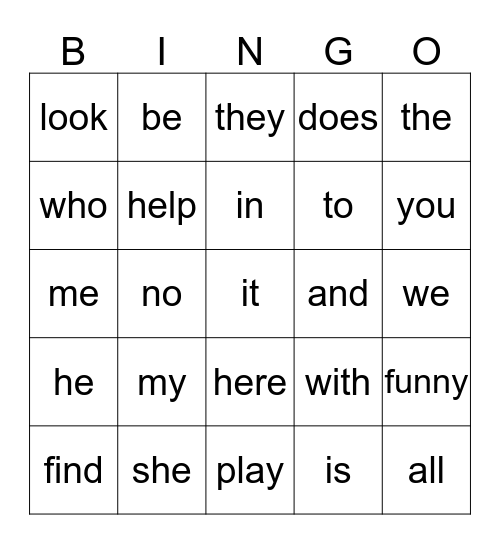 High Frequency Word Bingo Card
