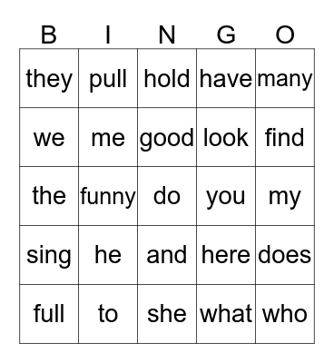 High Frequency Word Bingo Card