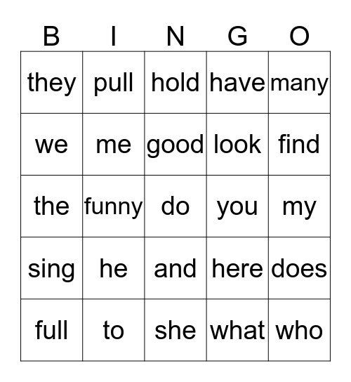 High Frequency Word Bingo Card