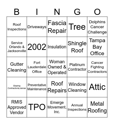 Chase Roofing Bingo Card