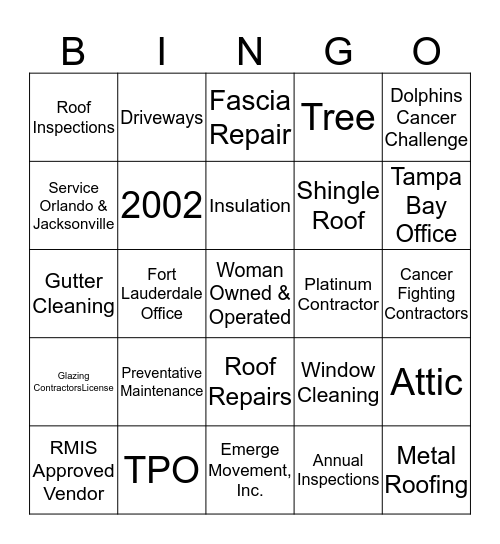 Chase Roofing Bingo Card