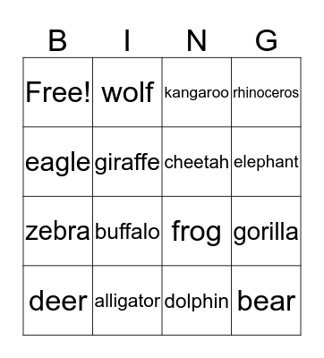 Animals Bingo Card