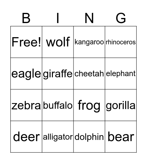 Animals Bingo Card