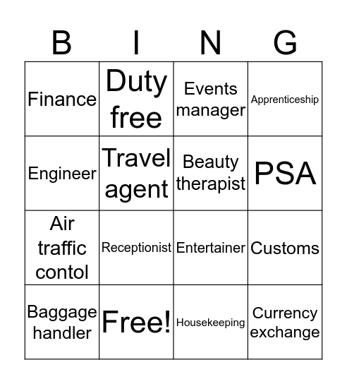 Travel and Tourism Careers Bingo Card