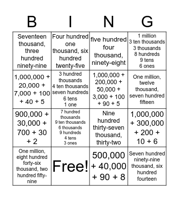 Place Value Bingo Card