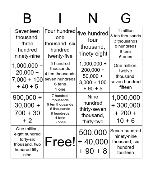 Place Value Bingo Card