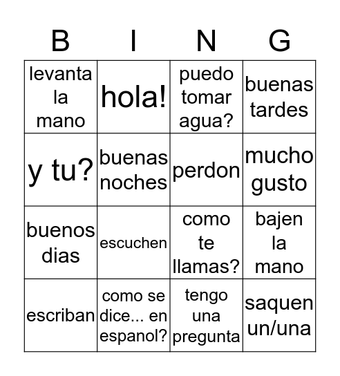 spanish phrases in the classroom Bingo Card