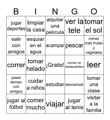 ¡Actividades del verano! Bingo Card