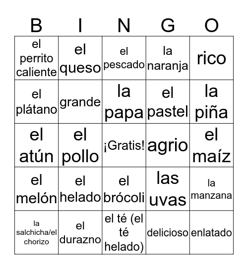 ¡La comida! Bingo Card
