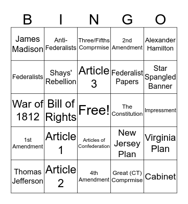 Unit 3 Vocab Bingo Card