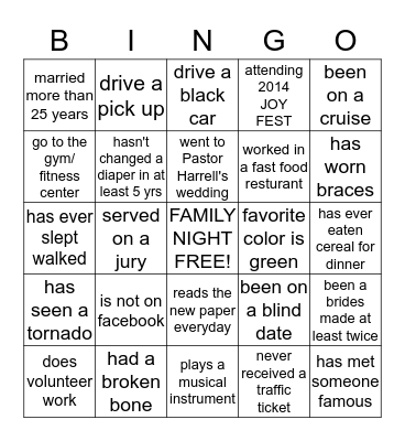 Christ Worship Center Church Family Night Bingo Card