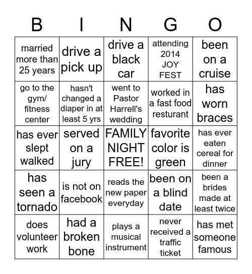 Christ Worship Center Church Family Night Bingo Card