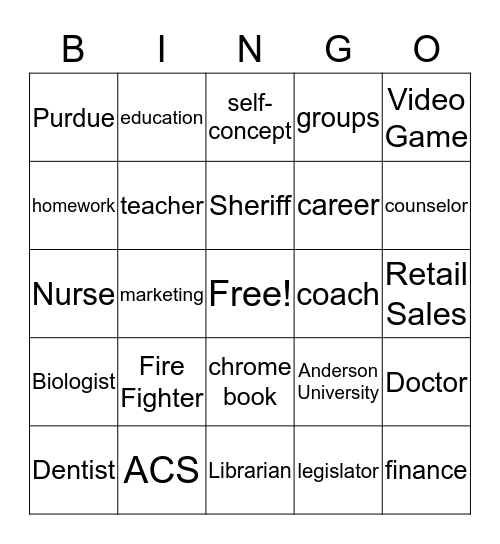 College and Career Bingo Card