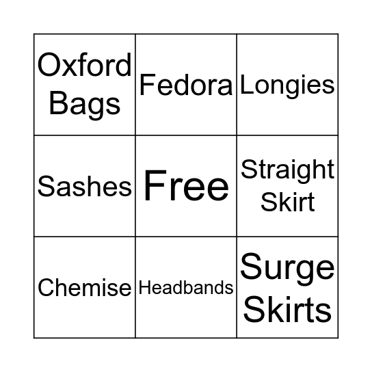 1920s Fashion Bingo Card